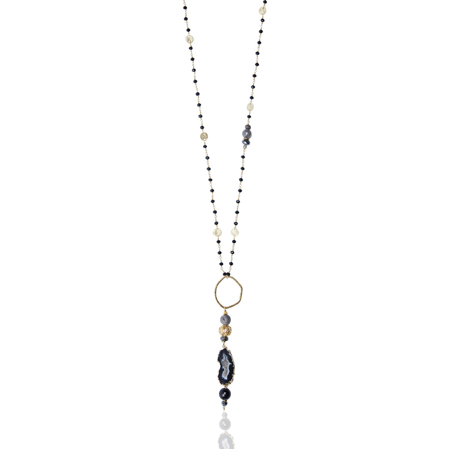 Agate Druzy Pendant with Black Spinal & Coin Chain