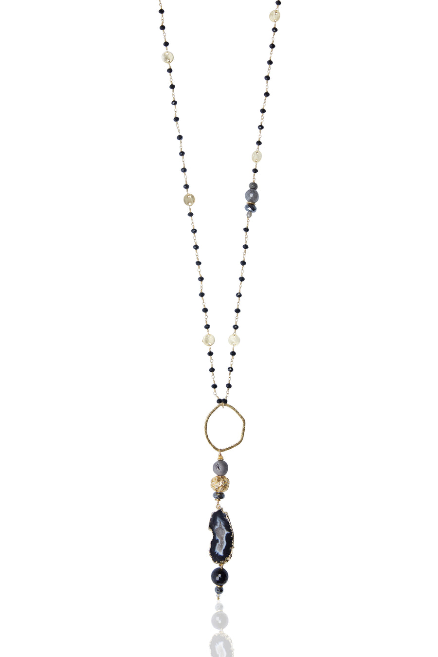 Agate Druzy Pendant with Black Spinal & Coin Chain