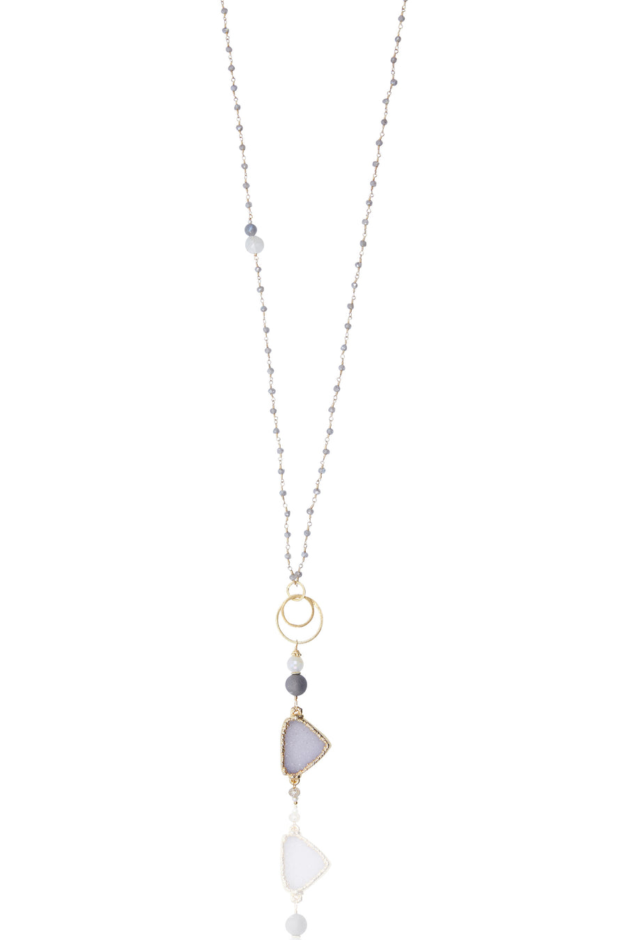 White Druzy & Moonstone Pendant with Mystic Labradorite Chain