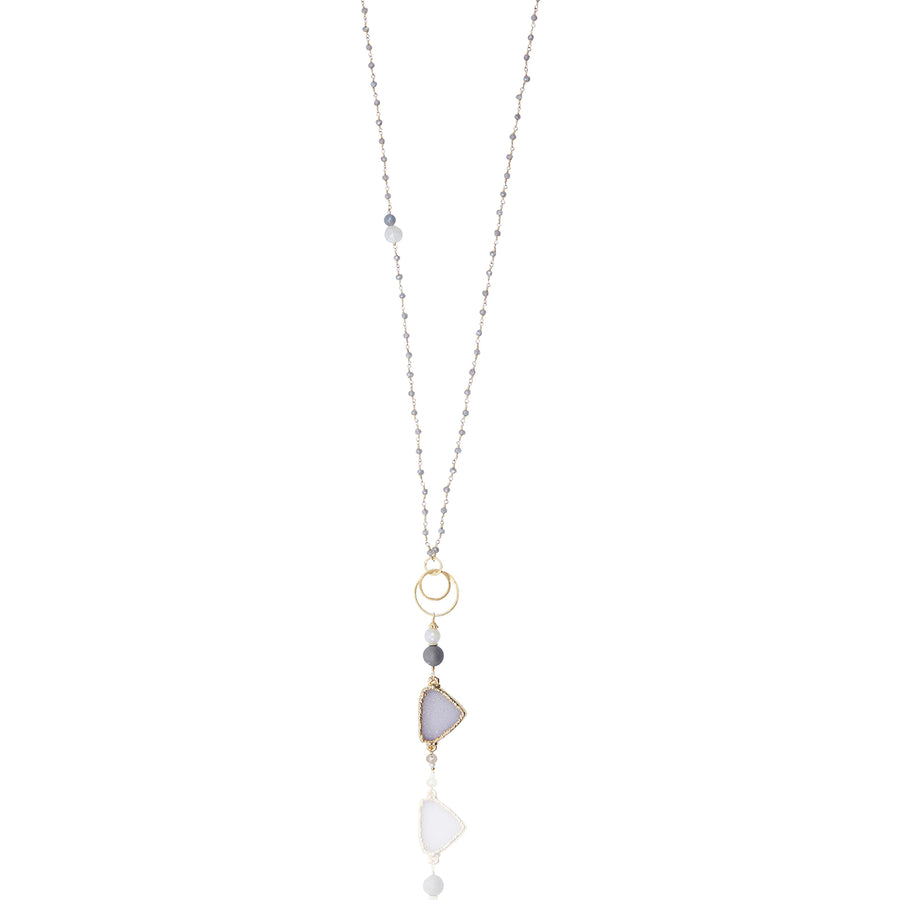 White Druzy & Moonstone Pendant with Mystic Labradorite Chain