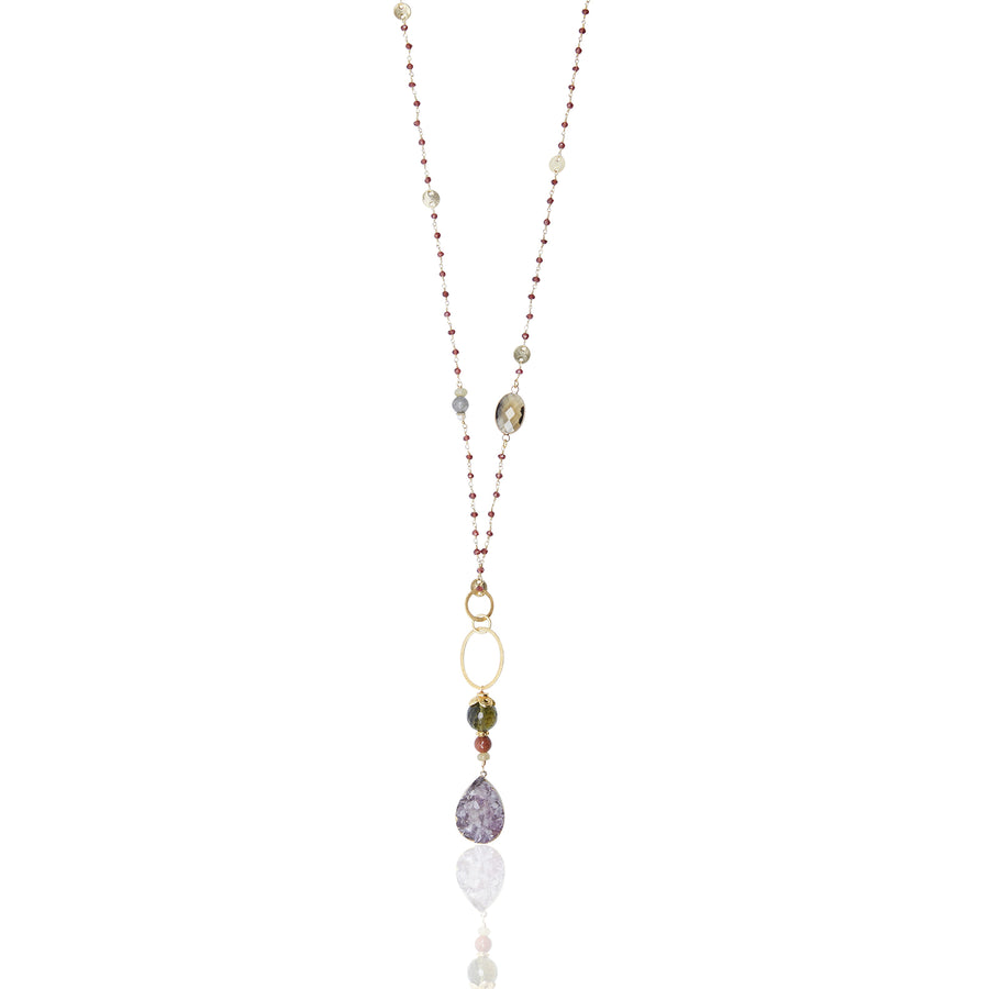 Amethyst & Smokey Quartz Pendant with Garnet Coin Chain