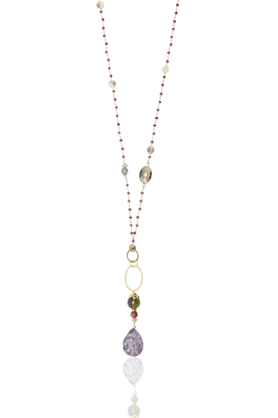 Amethyst & Smokey Quartz Pendant with Garnet Coin Chain