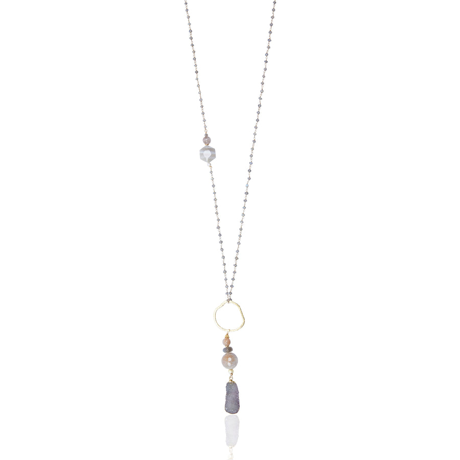 Natural Druzy & Agate Pendant with Mystic Labradorite Chain