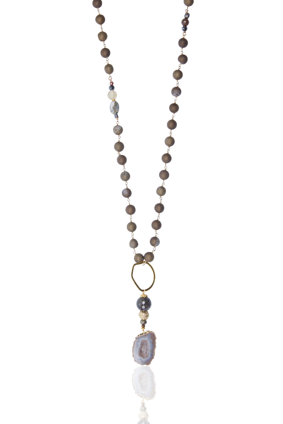 Natural Agate Slice with Druzy Wire Wrapped Chain