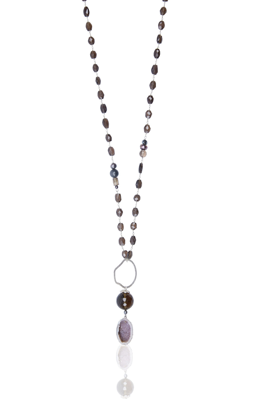 Natural Druzy & Black Pearl with Smokey Quartz Chain