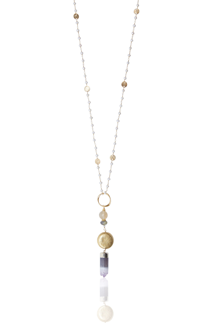 Amethyst Cylinder & Vermeil Coin with Fresh Water Pearl Chain