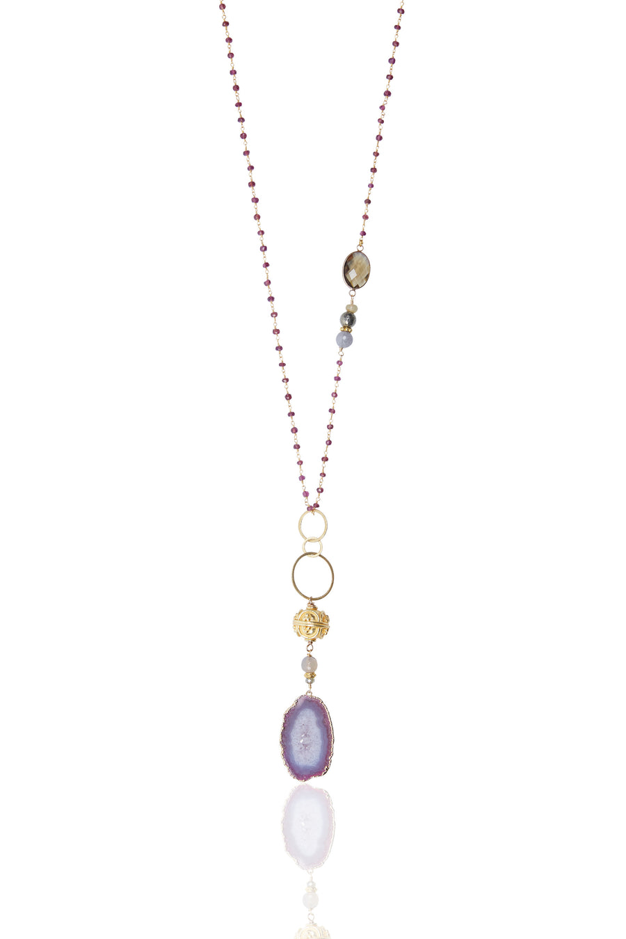 Pink Agate Slice & Bali Bead with Amethyst Chain