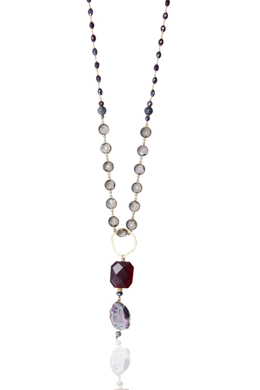 Agate Slice & Garnet Pendant with Mystic Garnet & Smokey Quartz Chain
