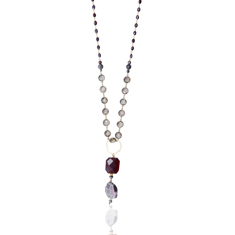 Agate Slice & Garnet Pendant with Mystic Garnet & Smokey Quartz Chain