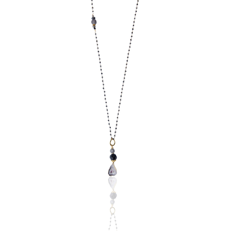 Agate & Labradorite Drop with Onyx Wire Wrapped Chain