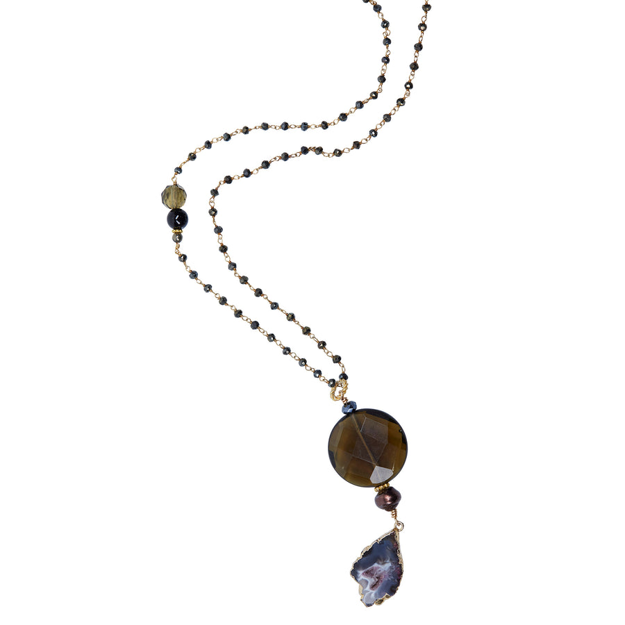 Agate Drop & Smokey Quartz with Black Spinal Chain