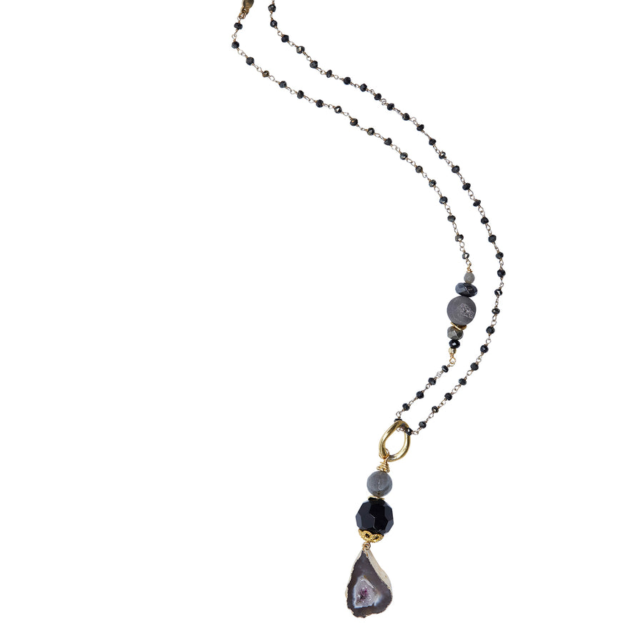 Agate & Labradorite Drop with Onyx Wire Wrapped Chain