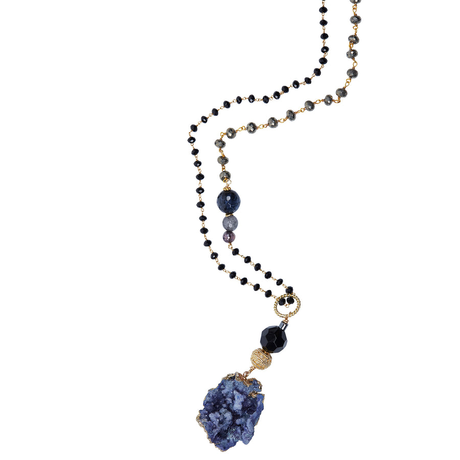 Large Blue Druzy with Multi Stone Wire Wrapped Chain