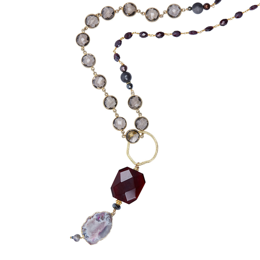 Agate Slice & Garnet Pendant with Mystic Garnet & Smokey Quartz Chain