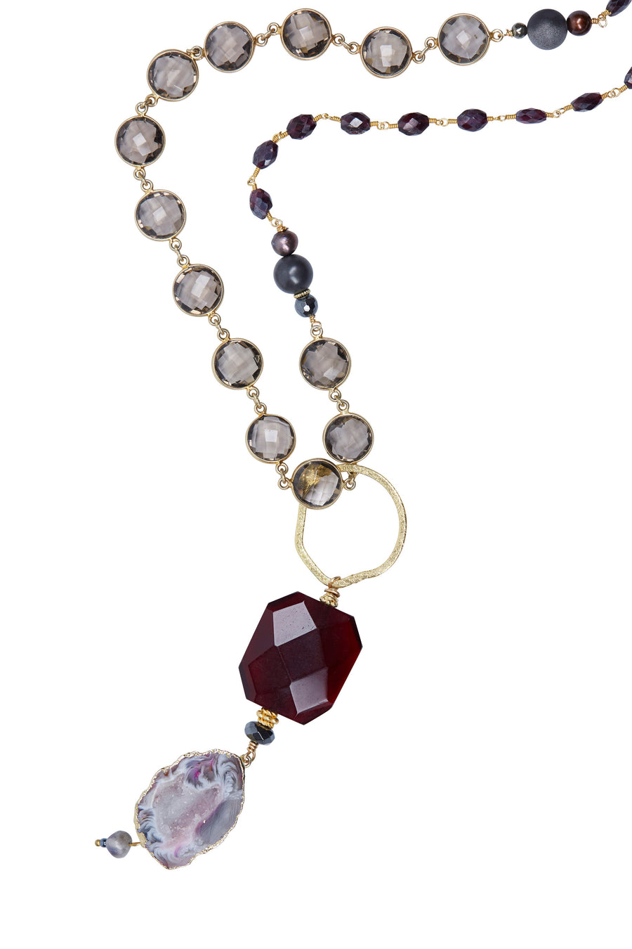Agate Slice & Garnet Pendant with Mystic Garnet & Smokey Quartz Chain