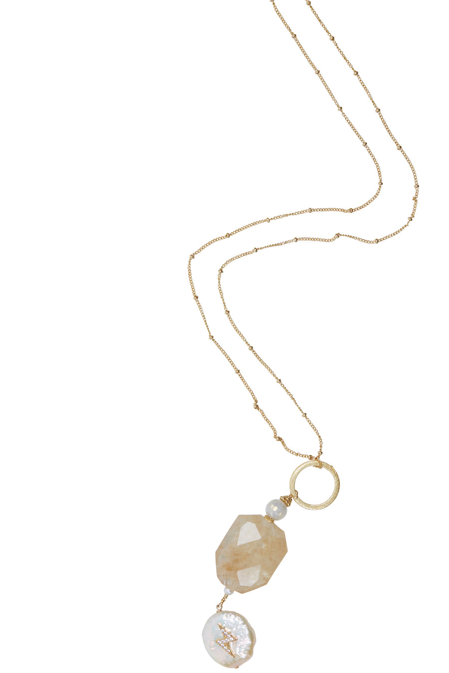 Pearl & Diamond Lightening Bolt with Gold Satellite Chain