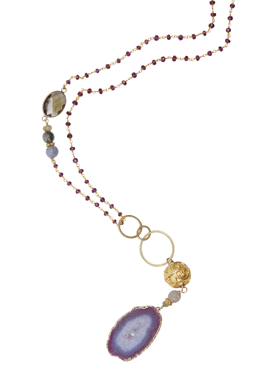 Pink Agate Slice & Bali Bead with Amethyst Chain