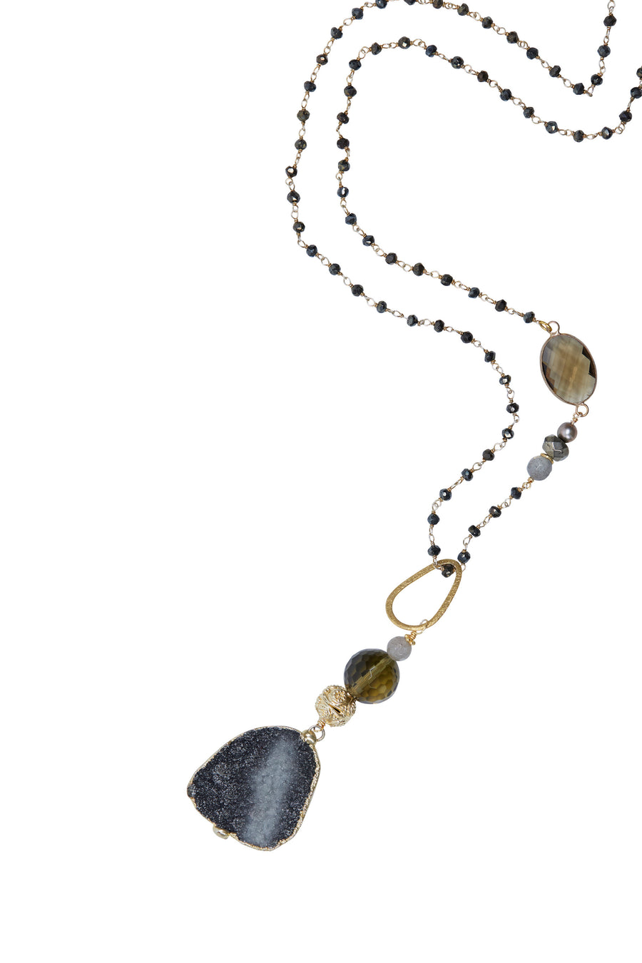 Black Druzy & Smokey Quartz with Black Spinal Chain