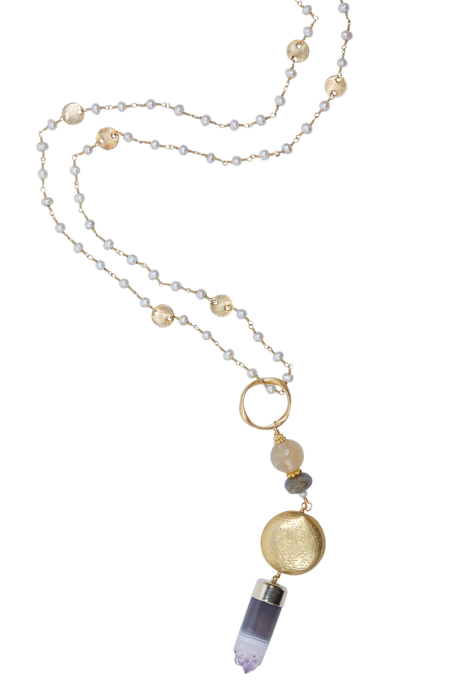 Amethyst Cylinder & Vermeil Coin with Fresh Water Pearl Chain