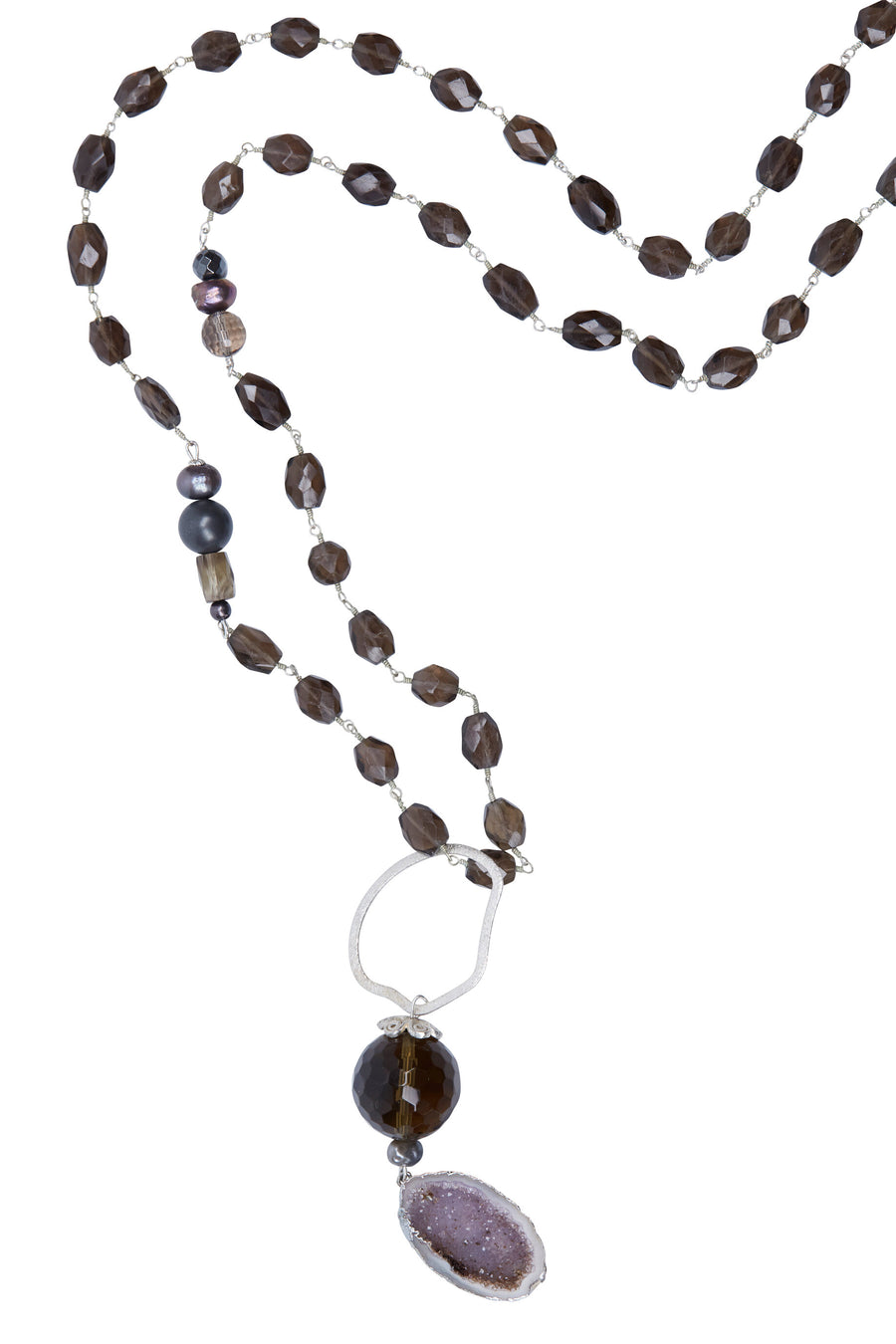 Natural Druzy & Black Pearl with Smokey Quartz Chain