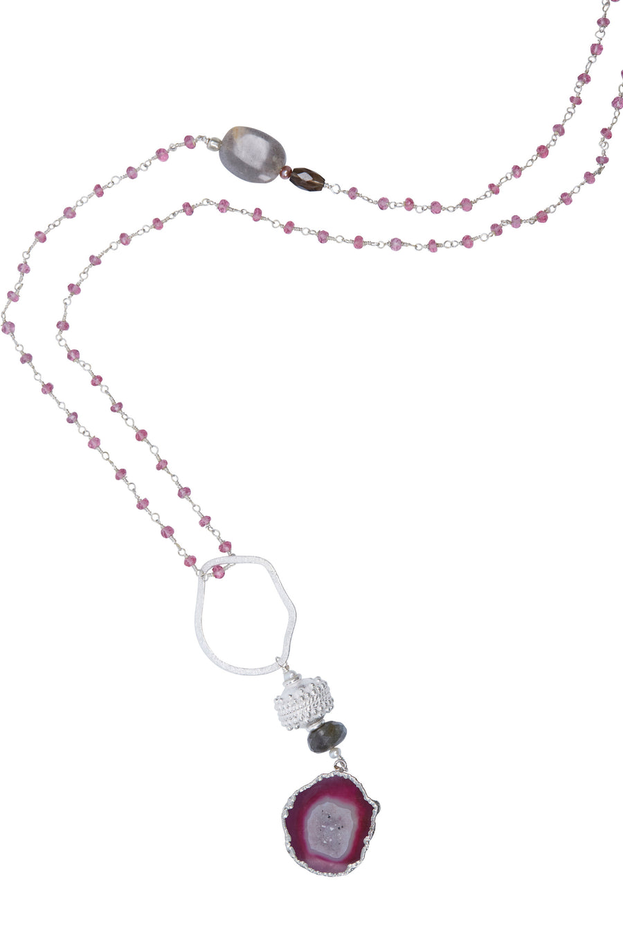 Pink Agate Slice & Bali Bead with Pink Sapphire Chain
