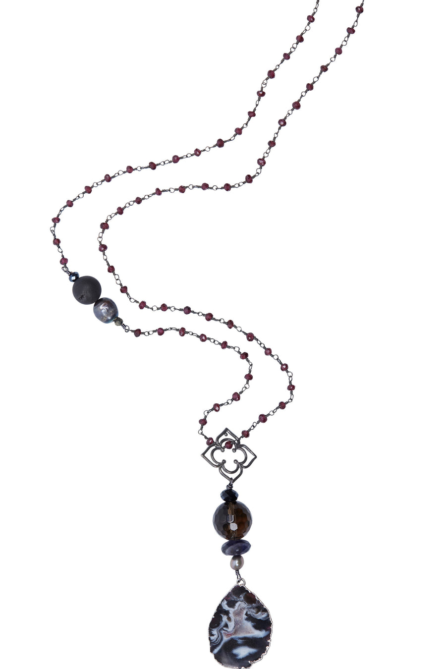 Agate Slice with & Smokey Quartz with Garnet Chain