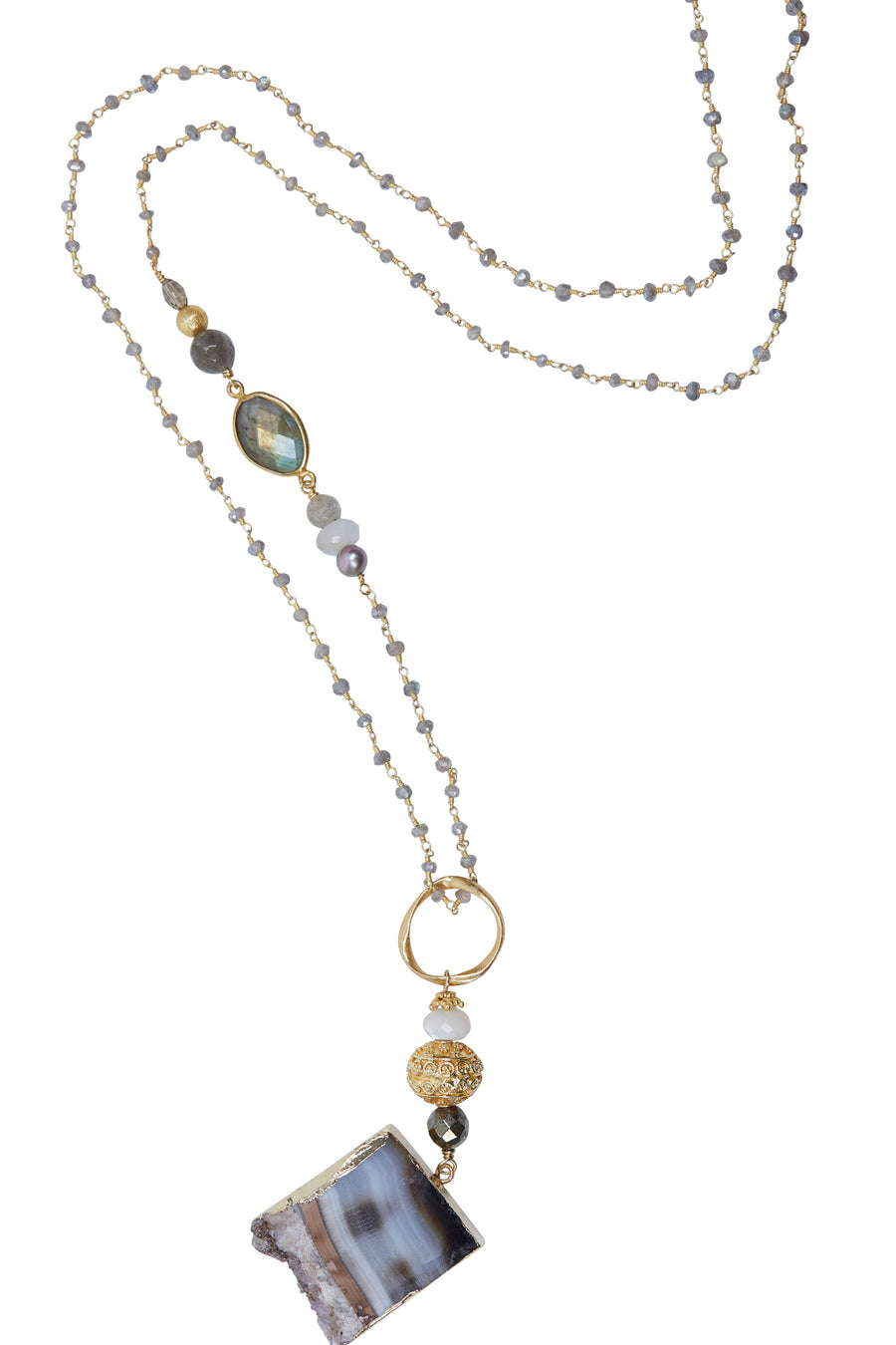 Amethyst Slice & Vermeil Bali Bead with Labradorite Chain