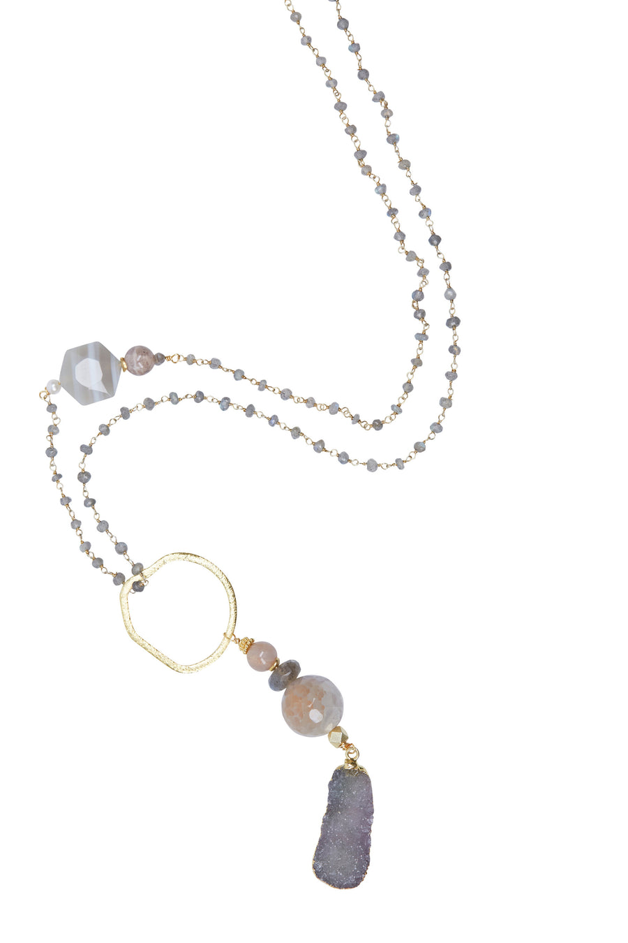 Natural Druzy & Agate Pendant with Mystic Labradorite Chain
