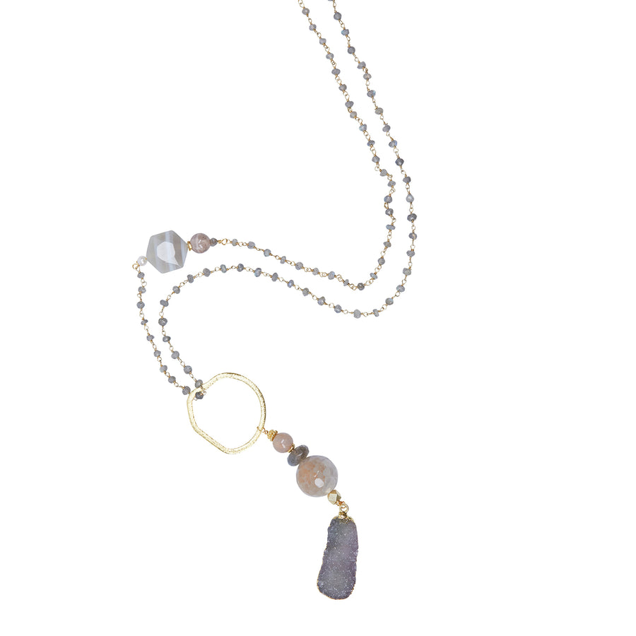 Natural Druzy & Agate Pendant with Mystic Labradorite Chain