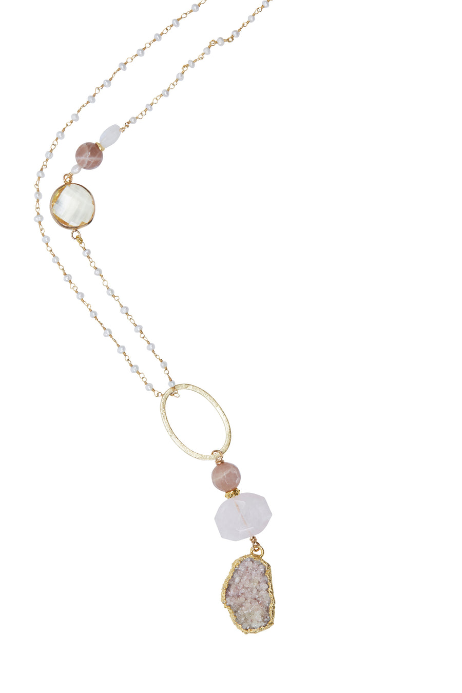 Natural Druzy & Sandstone Pendant with Pearl Chain