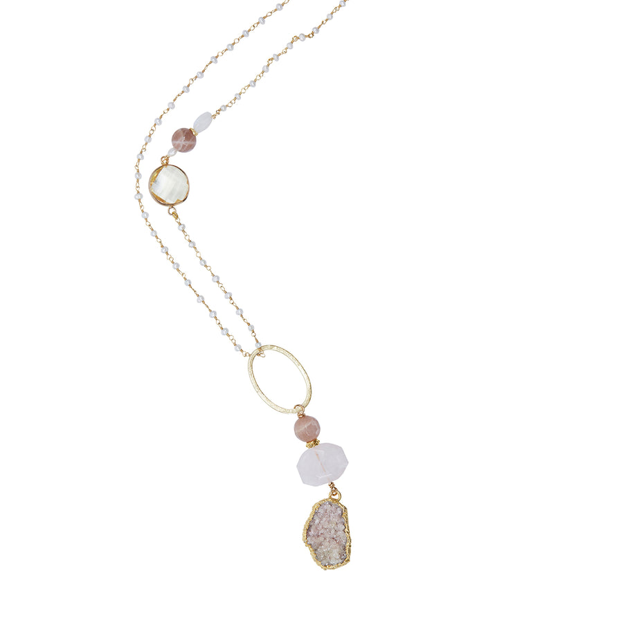 Natural Druzy & Sandstone Pendant with Pearl Chain