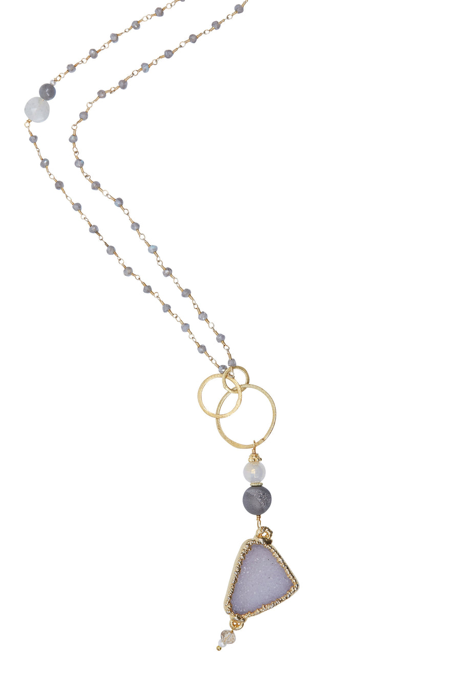 White Druzy & Moonstone Pendant with Mystic Labradorite Chain