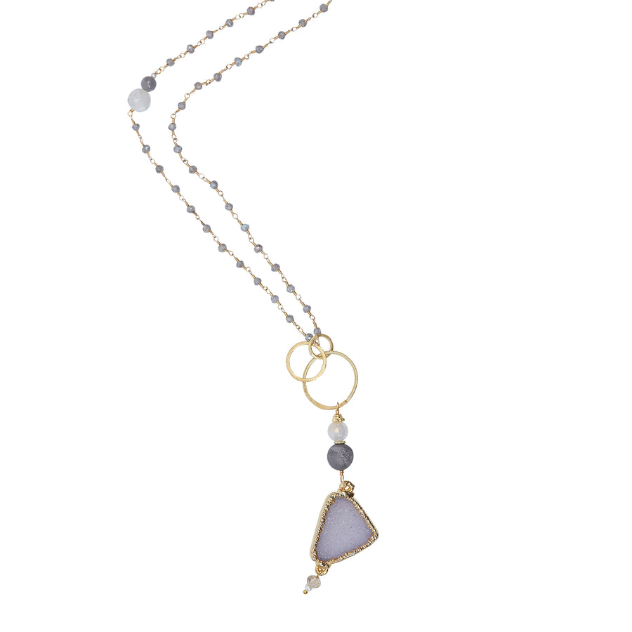 White Druzy & Moonstone Pendant with Mystic Labradorite Chain