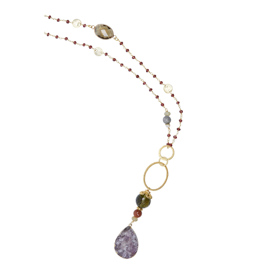 Amethyst & Smokey Quartz Pendant with Garnet Coin Chain