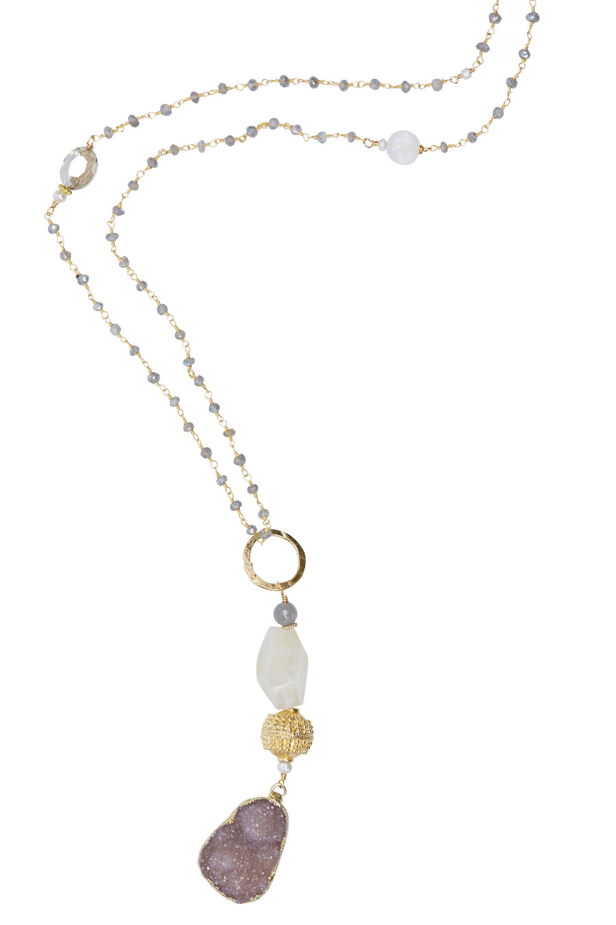 Druzy & Moonstone Pendant with Mystic Labradorite Chain
