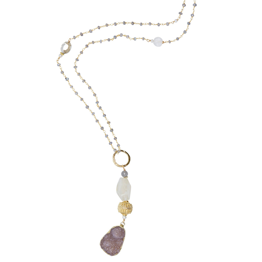 Druzy & Moonstone Pendant with Mystic Labradorite Chain