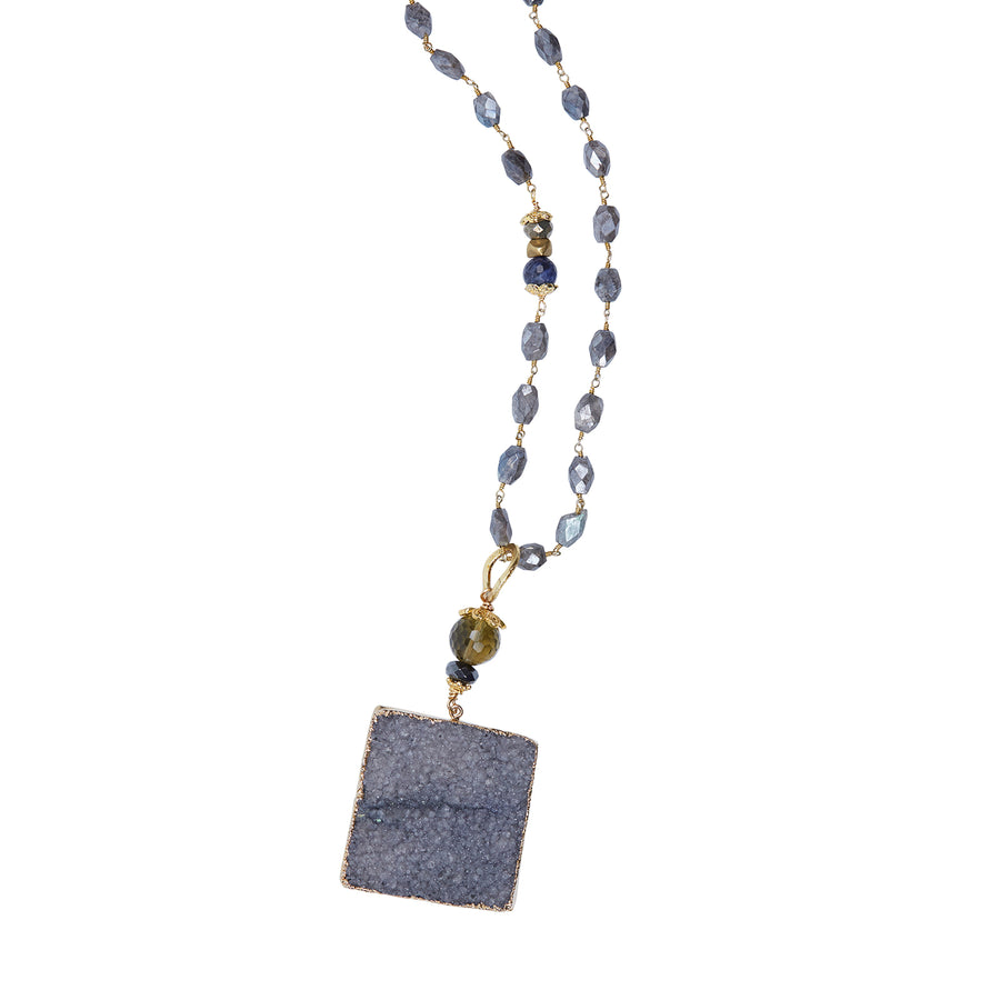 Extra Large Square Druzy Pendant with Mystic Labradorite Chain