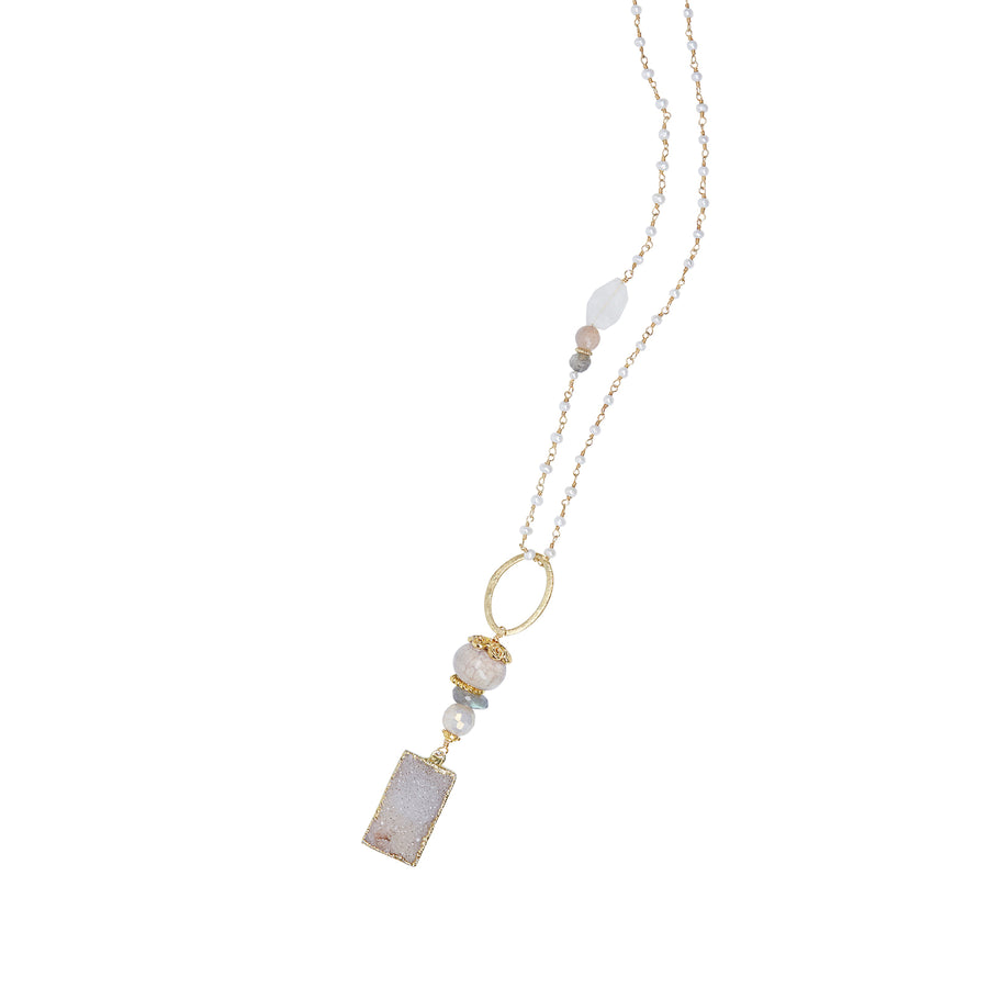 Druzy Pendant with Fresh Water Pearl Chain