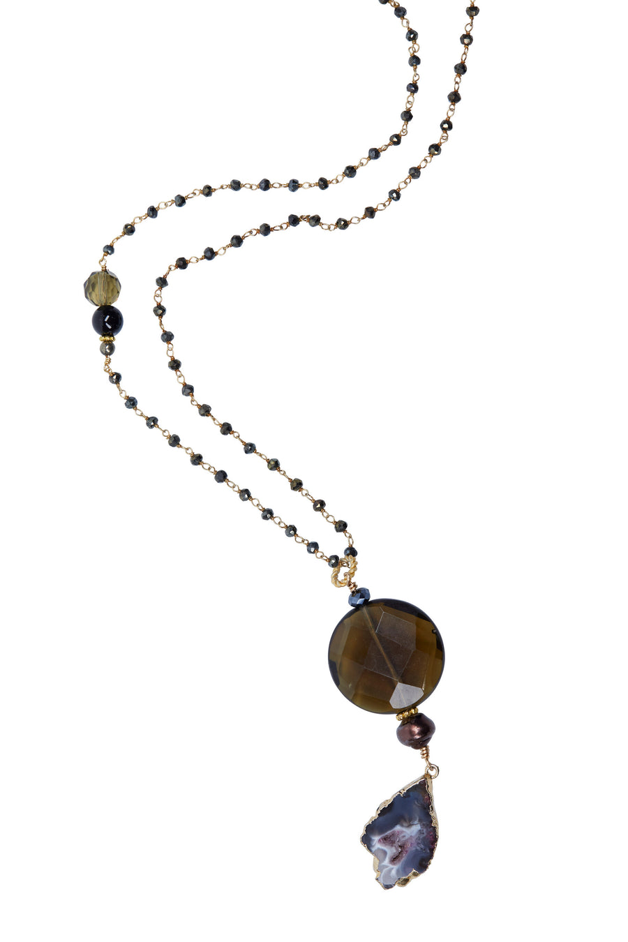 Agate Drop & Smokey Quartz with Black Spinal Chain