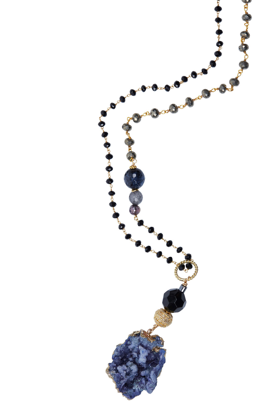 Large Blue Druzy with Multi Stone Wire Wrapped Chain