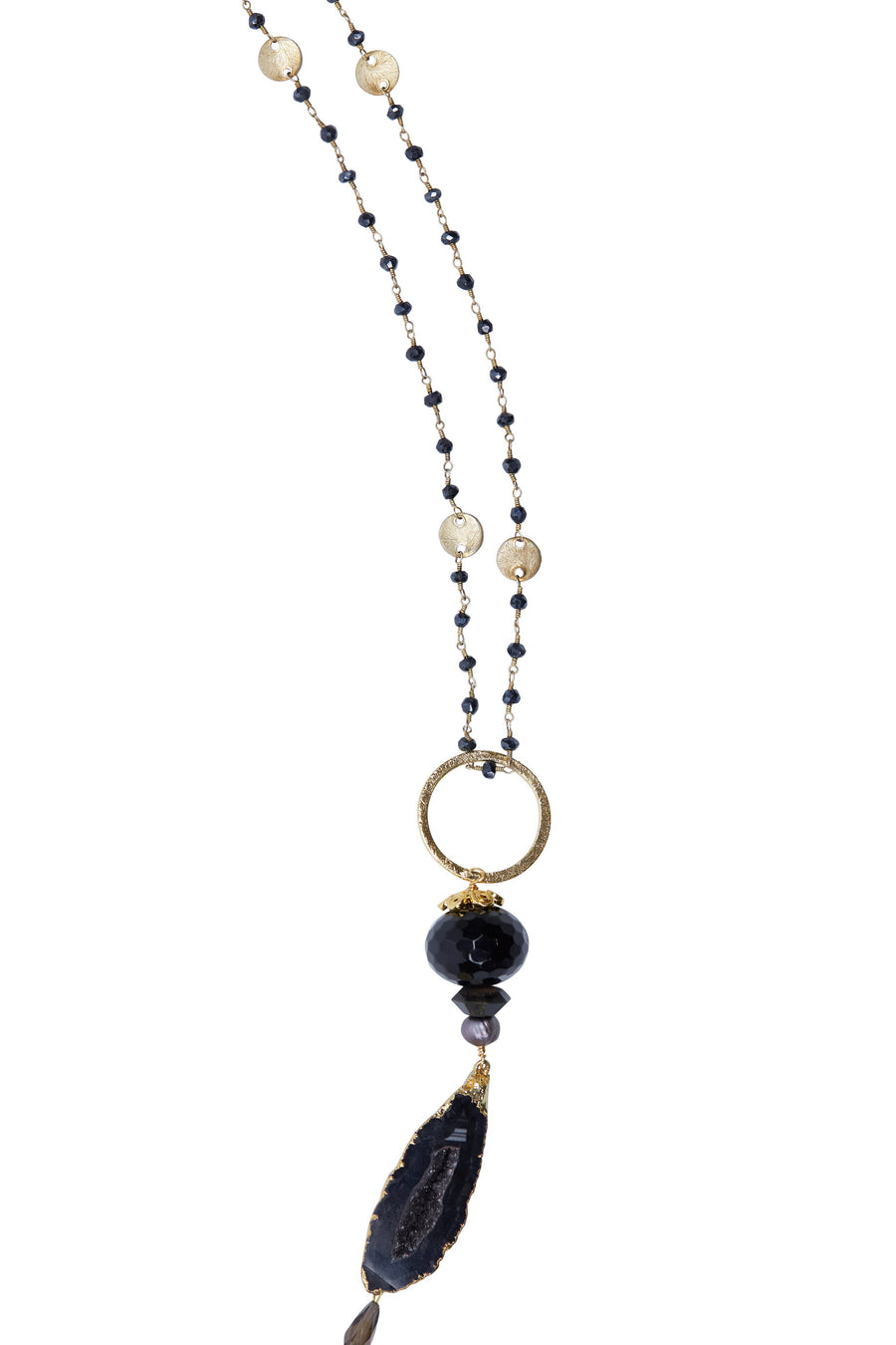 Agate Druzy Pendant with Black Spinal & Coin Chain