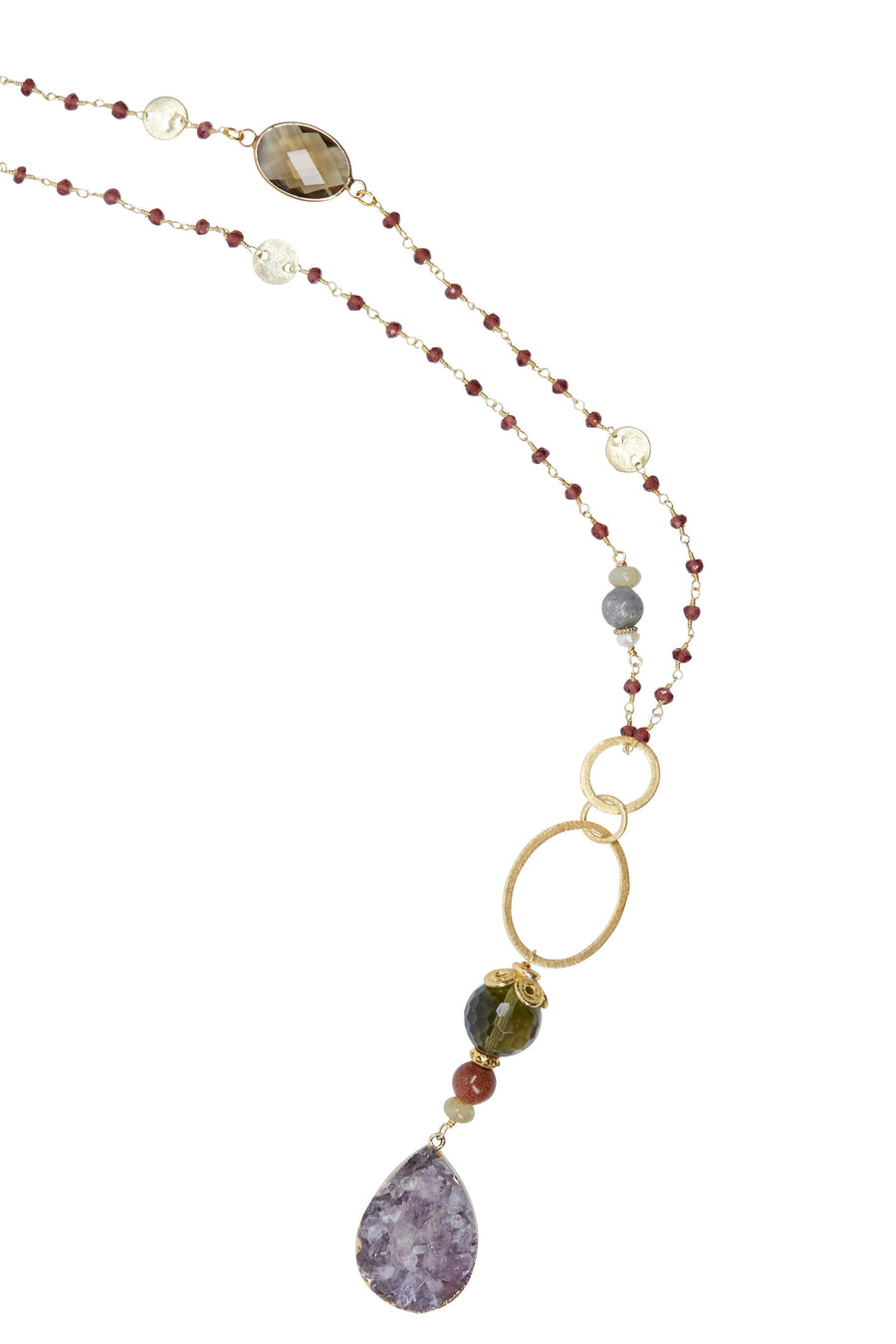 Amethyst & Smokey Quartz Pendant with Garnet Coin Chain