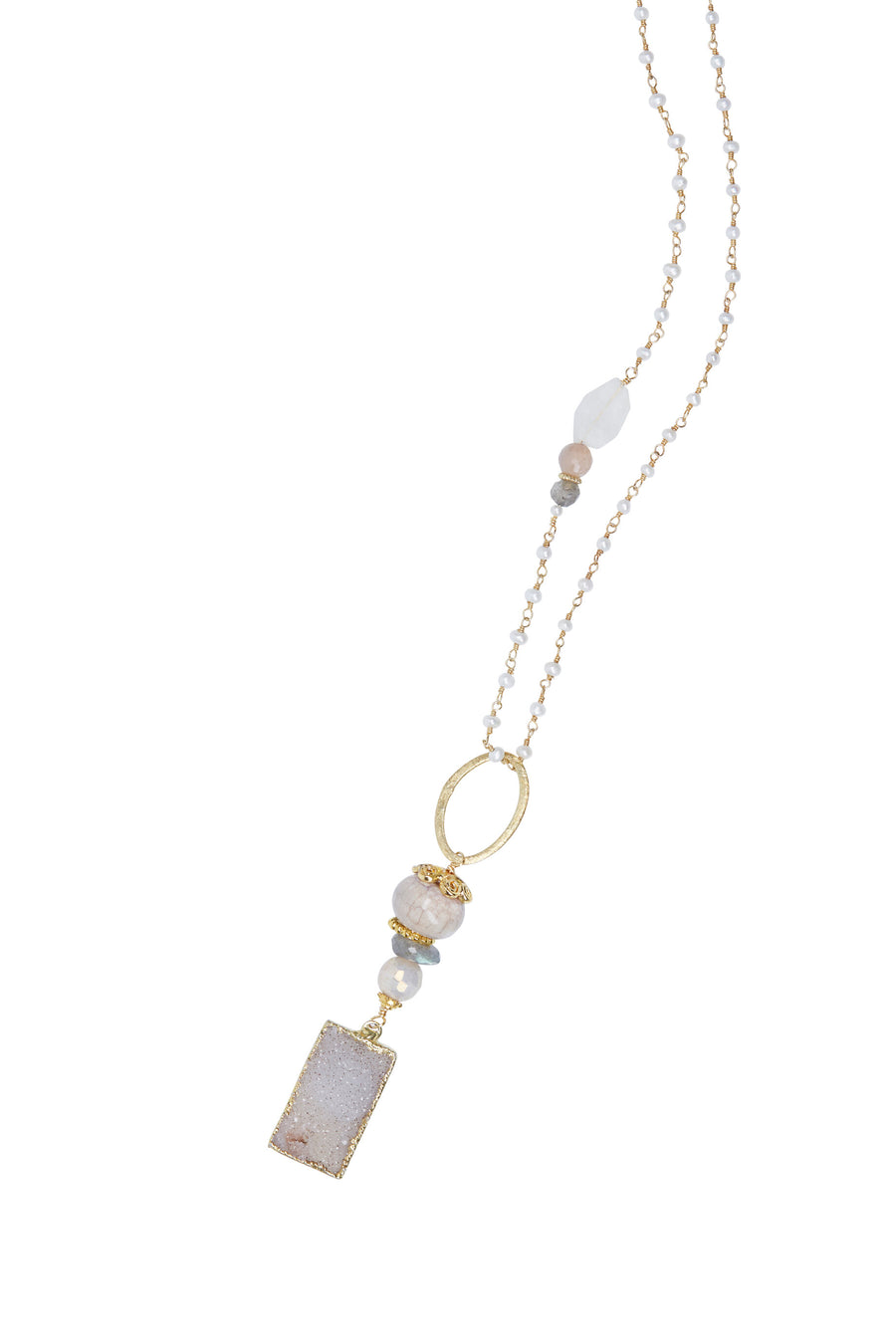 Druzy Pendant with Fresh Water Pearl Chain